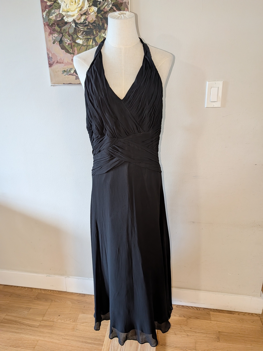 Y2K Black Silk Seamed Halter Midi Dress